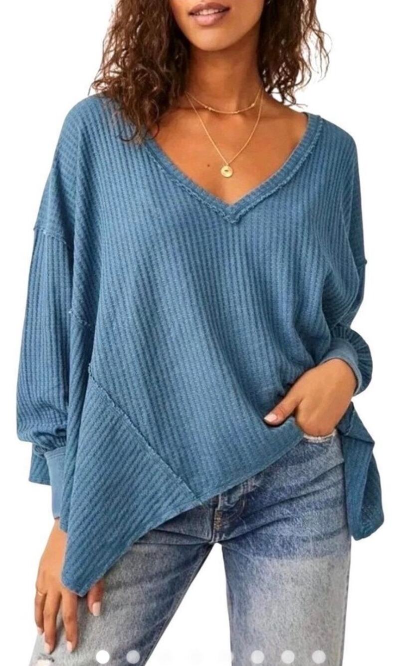Free People We The Free Coraline Thermal Knit Blue Waffle V-Neck Top Extra Small